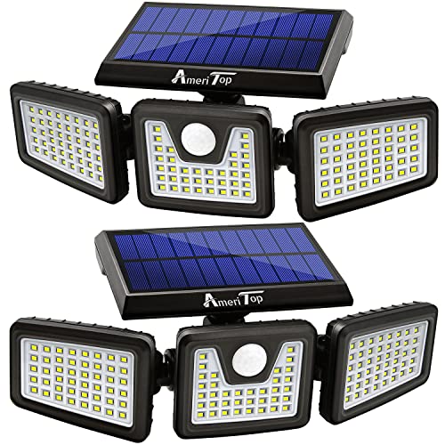 AmeriTop Solar Lights Outdoor, 2 Pack 128 High Brightness LED Cordless Solar Motion Sensor Lights; 3 Adjustable Heads, 270°Wide Angle Illumination, IP65 Waterproof, Security LED Flood Light(Daylight)