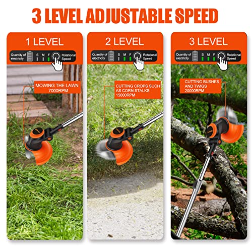 Brushless Motor Weed Eater, 3 Level Adjustable Speed Electric Weed Wacker Cordless Trimmer with Power Display, Portable Battery Powered Rechargeable Home Lawn Mower for Garden, Lawn, Yard