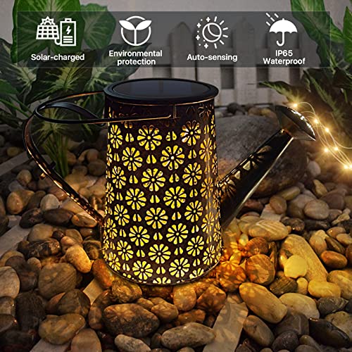 Imoli Outdoor Solar Watering Can with Lights Garden Decor Large Solar Powered Lanterns Hanging Waterproof LED Decorative Retro Metal Kettle String Lights for Table Yard Pathway Walkway Gardening Gifts