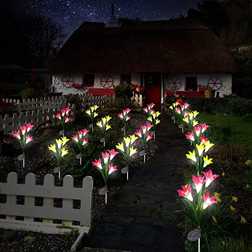 Tasodin Solar Garden Lights 2 Pack Solar Outdoor Lights with 8 Lily Flower, Solar Lights Powered Waterproof for Christmas, Yard, Garden, Patio, Pathway Decor(Yellow and Red)