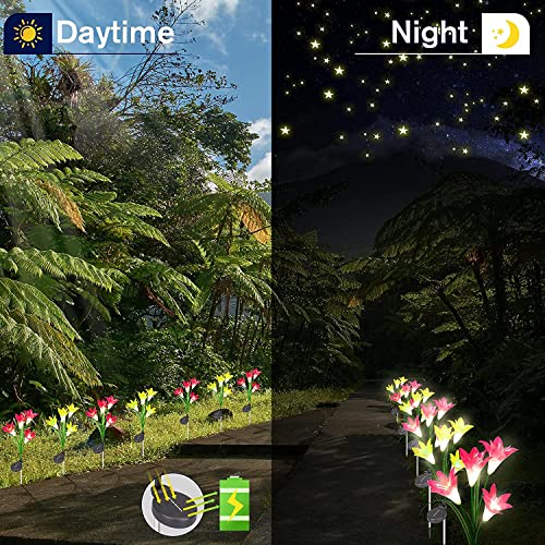 Tasodin Solar Garden Lights 2 Pack Solar Outdoor Lights with 8 Lily Flower, Solar Lights Powered Waterproof for Christmas, Yard, Garden, Patio, Pathway Decor(Yellow and Red)