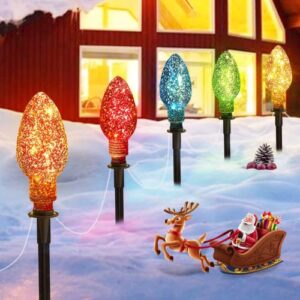 brightown jumbo christmas pathway lights-outdoor lights with 5 stakes, connectable c9 bulb decor lights for lawn, walkway, yard, garden, driveway, xmas lights decoration, 5 lights, 6.5ft, multicolored