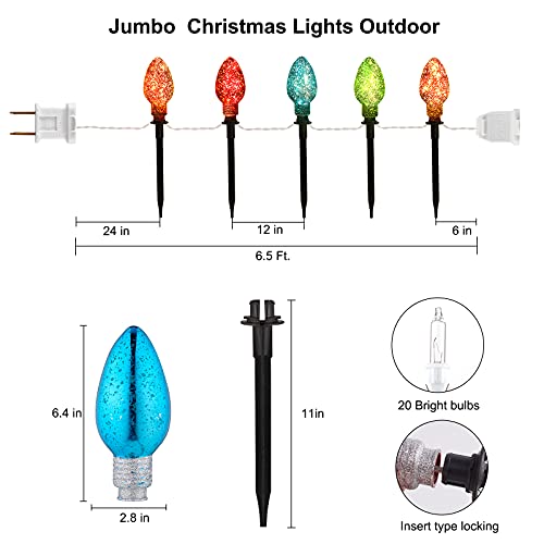 Brightown Jumbo Christmas Pathway Lights-Outdoor Lights with 5 Stakes, Connectable C9 Bulb Decor Lights for Lawn, Walkway, Yard, Garden, Driveway, Xmas Lights Decoration, 5 Lights, 6.5FT, Multicolored