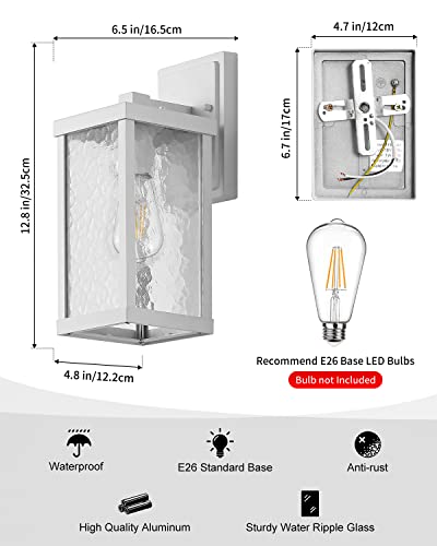 Youroke Outdoor Wall Lantern White, Modern Waterproof Wall Sconces Light Fixtures, Anti-Rust Aluminum Wall Mount Lamp with Water Ripple Glass Shade, Porch & Patio Lights for House Garden Entryway