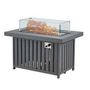 43” propane fire pit table, 50,000 btu gas fire pit , csa certified outdoor patio fire table with glass wind guard, fire glass and lid, safe for garden deck patio backyard (grey)