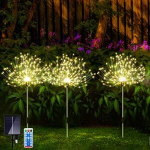 solar outdoor garden lights, [3 pack] 360led solar firework lights 8 modes waterproof with remote control, warm yellow starburst fairy lights for pathway backyard patio christmas lawn wedding decor