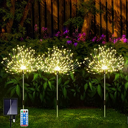 Solar Outdoor Garden Lights, [3 Pack] 360LED Solar Firework Lights 8 Modes Waterproof with Remote Control, Warm Yellow Starburst Fairy Lights for Pathway Backyard Patio Christmas Lawn Wedding Decor