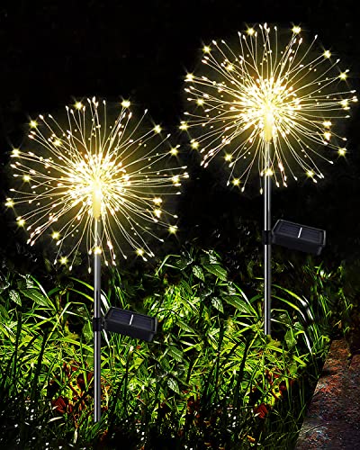 Redefun Solar Garden Lights 2 Pack 120 LED Solar Firefly Lights, 8 Lighting Modes Solar Powered Fireworks Lamp Outdoor Waterproof Decorative Starburst Lights for Yard Patio Decorations (Warm White)