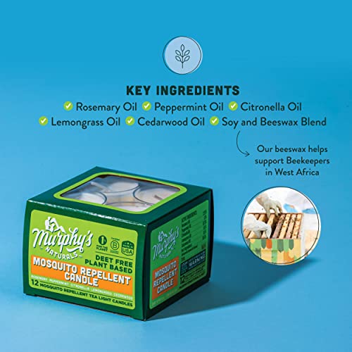 Murphy’s Naturals Mosquito Repellent Tea Light Candles | DEET Free | Made with Essential Oils and a Soy/Beeswax Blend | 4 Hour Burn Time Per Candle | 12 Candles Per Box