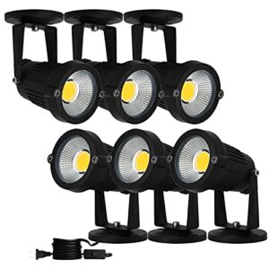 eleglo 5w led spot lights indoor uplight, ip65 waterproof wall lights,120v ceiling and floor spotlight,3000k landscape lighting, home,garden,yard with us 2-plug cord with base and spikee (6 pack)