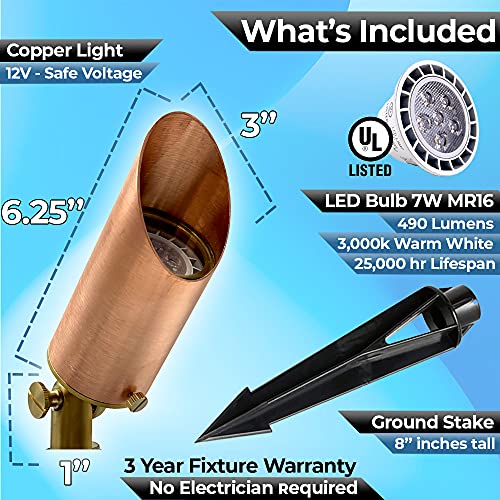 Brass Spot Lights Outdoor LED Landscape Lights – 109 Professional Grade Copper 12V Low Voltage Landscape Lighting with Bulbs 7W; IP 65 Waterproof Metal Up Light for House Pathway Trees Flag Plants