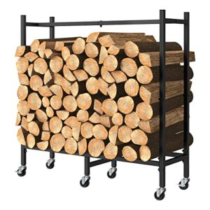 ybing 2.6ft outdoor indoor firewood storage rack with wheels, assembled metal tubular log stacker holder for patio fireplace wood pile lumber storage stand cart, matte black