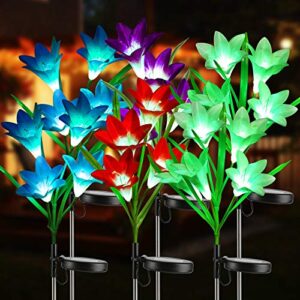 brizlabs solar lily flower lights, 6 pack 24 led outdoor solar powered garden lights, waterproof multi-color changing flower lights, landscape stake light for garden, yard, pathway, patio decor