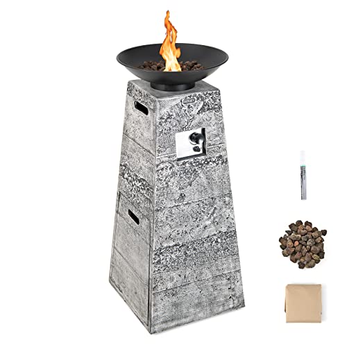 Tangkula 48 Inch Tall Patio Propane Fire Pit Tower, Patiojoy Outdoor Propane Fire Bowl Column with Stainless Steel Burner, Protective Cover & Lava Rocks, 30,000 BTU Gas Fire Pit for Garden, Patio