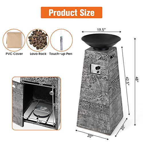 Tangkula 48 Inch Tall Patio Propane Fire Pit Tower, Patiojoy Outdoor Propane Fire Bowl Column with Stainless Steel Burner, Protective Cover & Lava Rocks, 30,000 BTU Gas Fire Pit for Garden, Patio