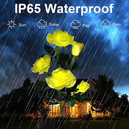 JORETLE Outdoor Solar Flower Lights Solar Rose Lights Solar Lights Outdoor Decorative with 5 Rose Flowers Suitable for Garden, Courtyard, Backyard Decoration, Waterproof （Yellow）