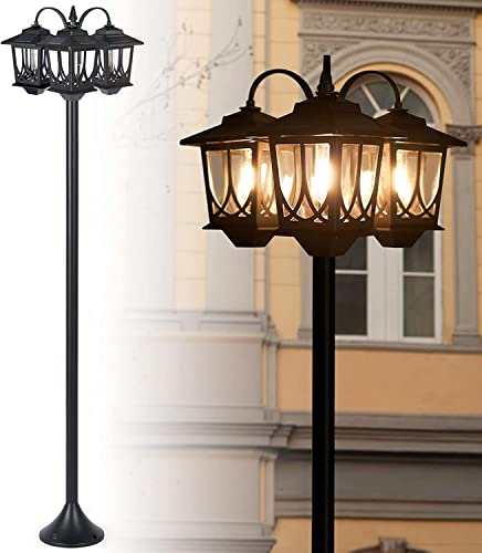 PASAMIC Outdoor Solar Lamp Post Lights Solar Powered, Solar Floor Lamps Outdoor Lights,3-Head Waterproof Street Lights for Garden,Lawn,Pathway,Driveway,Front/ Back Door,60 Lumens,3 Extra Spare Bulbs