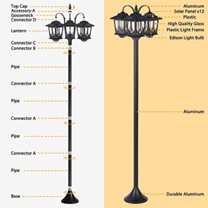 PASAMIC Outdoor Solar Lamp Post Lights Solar Powered, Solar Floor Lamps Outdoor Lights,3-Head Waterproof Street Lights for Garden,Lawn,Pathway,Driveway,Front/ Back Door,60 Lumens,3 Extra Spare Bulbs