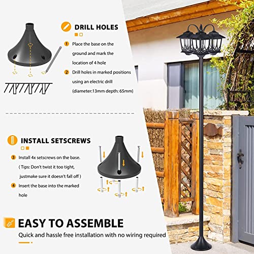 PASAMIC Outdoor Solar Lamp Post Lights Solar Powered, Solar Floor Lamps Outdoor Lights,3-Head Waterproof Street Lights for Garden,Lawn,Pathway,Driveway,Front/ Back Door,60 Lumens,3 Extra Spare Bulbs