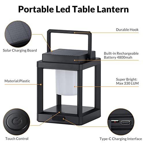 Solar Lantern Outdoor Waterproof with USB, Rechargeable LED Indoor Outdoor Table Lamp, 3-Level Brightness Portable Solar Camping Lanterns, Touch Control NightLight for Patio/Bedroom/Reading/Walking