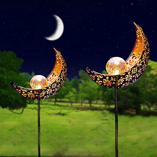 XVZ Solar Moon Crackle Glass Globe Stake Metal Lights, 2 Pack Solar Powered Garden Decorations,Waterproof Outdoor Decorations for Walkway,Pathway,Lawn,Lawn,Patio or Courtyard