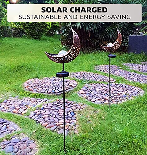 XVZ Solar Moon Crackle Glass Globe Stake Metal Lights, 2 Pack Solar Powered Garden Decorations,Waterproof Outdoor Decorations for Walkway,Pathway,Lawn,Lawn,Patio or Courtyard