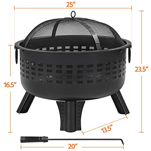 Yaheetech 25in Fire Pit Black Iron Fire Pit for Outside Outdoor Wood Burning Large Bonfire Pit Fire Bowl with Spark Screen, Log Grate and Poker for Backyard, Patio, Garden, Camping