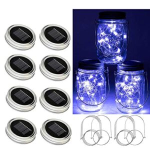 yjfwal solar mason lid light,8 pack 30led mason jar fairy lights,including 8 hangers and 2 pcs fairy decor pvc (jars not included), best for courtyard garden, interior decora (cool white)