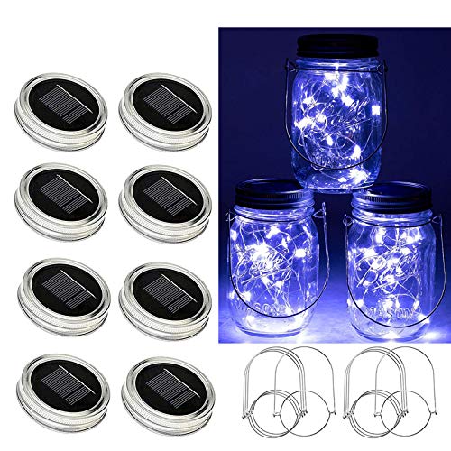 YJFWAL Solar Mason lid Light,8 Pack 30Led Mason jar Fairy Lights,Including 8 Hangers and 2 PCS Fairy Decor PVC (Jars Not Included), Best for Courtyard Garden, Interior Decora (Cool White)