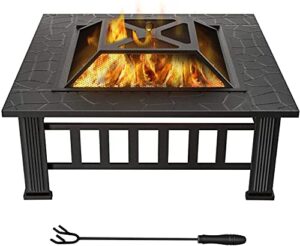 winwend fire pit outdoor wood burning, 32in firepit with spark screen, waterproof cover, poker, square firepit for patio backyard garden