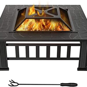 WINWEND Fire Pit Outdoor Wood Burning, 32in Firepit with Spark Screen, Waterproof Cover, Poker, Square Firepit for Patio Backyard Garden