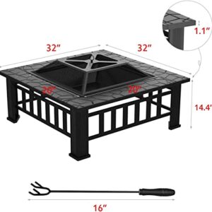 WINWEND Fire Pit Outdoor Wood Burning, 32in Firepit with Spark Screen, Waterproof Cover, Poker, Square Firepit for Patio Backyard Garden