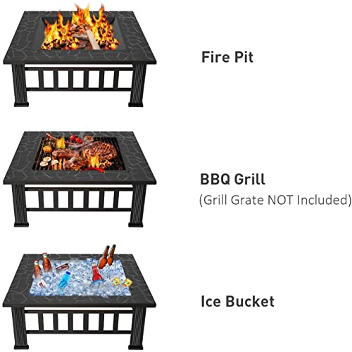 WINWEND Fire Pit Outdoor Wood Burning, 32in Firepit with Spark Screen, Waterproof Cover, Poker, Square Firepit for Patio Backyard Garden