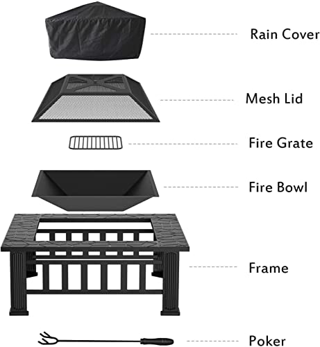 WINWEND Fire Pit Outdoor Wood Burning, 32in Firepit with Spark Screen, Waterproof Cover, Poker, Square Firepit for Patio Backyard Garden