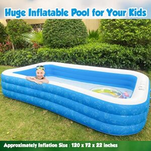 PartyGears Inflatable Swimming Pool for Kids, 120" X 72" X 22" Family Full-Sized Inflatable Kiddie Lounge Pool for Adult & Ages 3+,Good for Outdoor, Garden, Backyard Use, Blue