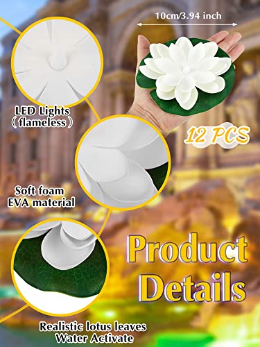12 Pcs Floating Pool Lights Lotus Floating Lanterns LED Lifelike Floating Lamp Battery Operated Lily Pad Flower Candle Fun Pool Accessories for Pond Decor, Yellow Light (White, 3.94 Inch)