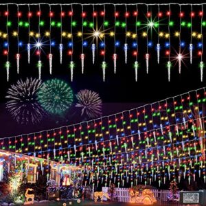 christmas icicle lights outdoor decoration, hanging window curtain fairy lights 8 modes, led string lights lights 15ft 150led 30 drops for roof home party garden yard christmas decoration, colorful