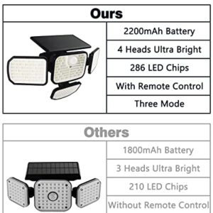 Solar Outdoor Lights with Motion Sensor, 286 LEDs Solar Security Lights Outdoor with IP65 Waterproof, Remote Control, 4 Heads, 3 Modes, Solar Flood Lights for Garage Porch Garden Front Door 2 Pack