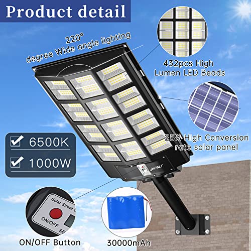 JAYNLT 1500W Solar Street Lights Outdoor, 200000LM 6500K Solar Parking Lot Lights Dusk to Dawn, IP67 Waterproof Solar Security Flood Lights with Motion Sensor for Yard, Garden, Parking Lot