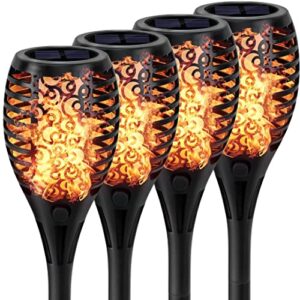 aiencsai solar outdoor lights waterproof, 4 pack portable solar torch light with flickering flame, auto on/off 400mh/a outdoor landscape lights decoration for garden, pathway and yard