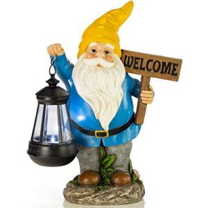 vp home welcome gnome with lantern solar powered led outdoor decor garden light (yellow hat) welcome gnome statues outdoor gnome decor funny figurine decor for outside patio, yard, lawn