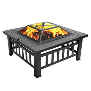 32''Outdoor Fire Pit Table , Backyard Stover Patio Burning Pit Multi Functional Garden Fireplace BBQ Ice Table with Spark Screen Log Poker