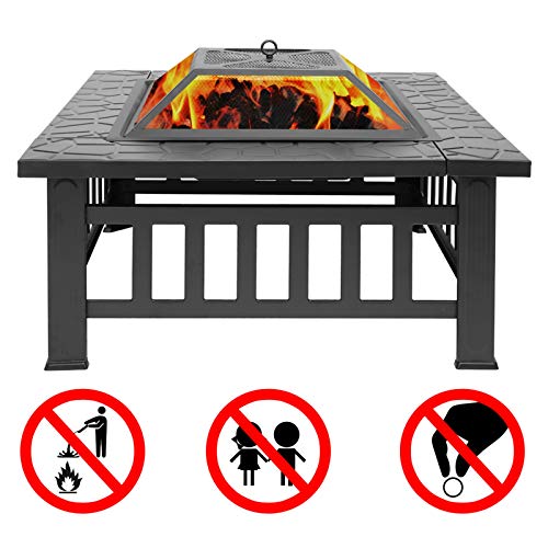 32''Outdoor Fire Pit Table , Backyard Stover Patio Burning Pit Multi Functional Garden Fireplace BBQ Ice Table with Spark Screen Log Poker