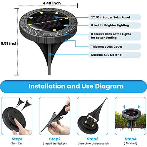 dikesitu Solar Ground Lights 2 Pack,IP68 Waterproof Solar Pathway Lights, 8 LED Solar Disk Lights Outdoor Decorative, Solar Landscape Lighting for Yard Walkway Driveway Lawn Path Garden(Warm White)