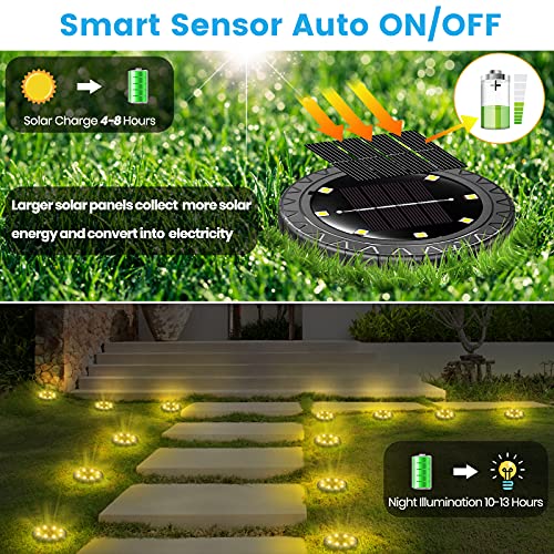 dikesitu Solar Ground Lights 2 Pack,IP68 Waterproof Solar Pathway Lights, 8 LED Solar Disk Lights Outdoor Decorative, Solar Landscape Lighting for Yard Walkway Driveway Lawn Path Garden(Warm White)