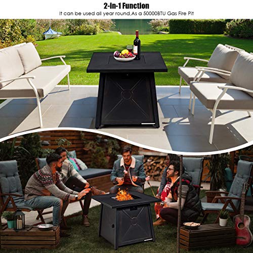 Toolsempire 30 Inch Outdoor Fire Table, 50,000 BTU Gas Fire Pit Table with Metal Tabletop, Lid, Lava Rock, Electric Igniter & Hideaway Tank Holder, Propane Fire Table for Outside, Garden, Party(Black)