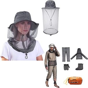 Mosquito Net Head Hat+Bug Jacket M, Sun Hats with Mosquito Netting Face Neck Mask Bucket Hat Cap Protector, Anti Mosquito Netting Suit with Zipper on Hood Ultra-fine Mesh