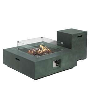 cosiest 2-piece outdoor propane firepit table set, green faux stone 35 inches square fire table w 50,000 btu stainless steel burner, wind guard, w metal lid 20gl hideway tank for garden, porch