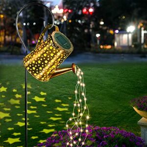 solar watering can with lights, outdoor decorative garden light solar fairy lights, waterproof metal retro star shower art hanging waterfall lights for patio lawn yard (with shepherd hook)
