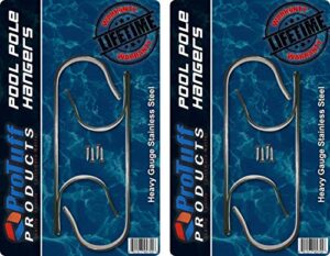 stainless steel pool pole hangers – unlimited free replacements – 4 protuff heavy duty double hooks, ideal holder set for swimming pool telescopic pole, leaf rake, brush, vacuum hose & garden tool